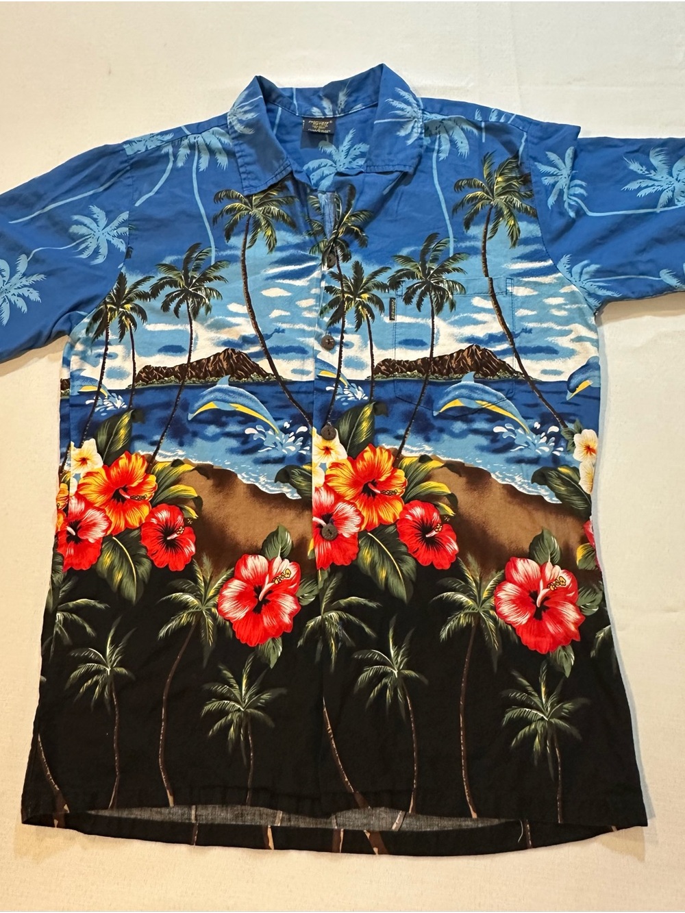 Palmwave Hawaii Aloha Shirt Blue Tropical Dolphin Hibiscus Men’s L